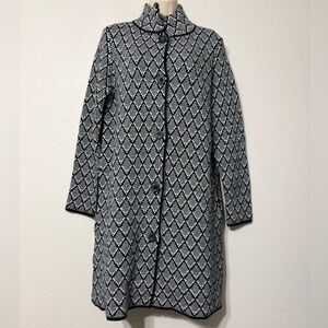 Chic Black and White Diamond Patterned Knit Wool Blend Longline Cardigan/Coat. M
